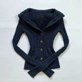 American Navy Blue Knitted Hooded Cardigan Y2K Fashion Slim Casual Buttons Sweater Jacket Female Long Sleeve All-Match Sweaters voguable