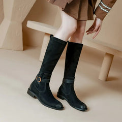 New Vintage Women Knee-High Boots Cow Suede Leather Thick Heels Office Ladies Working Shoes Woman Autumn Winter Retro Style voguable