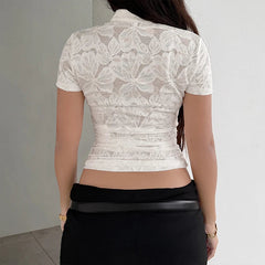 Voguable Vintage Chinese Style Stand Collar Slanted Buttons Floral Lace White Hollow Out Sxy T-shirts for Lady Summer Evening Party Top voguable