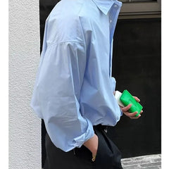 Voguable Spring New Korean Light Blue Shirt Men Oversized Solid Color Lapel Button Pocket Loose Business Casual Long Sleeve Men Shirts voguable