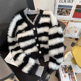Sweater Cardigans Imitate Mink Wool Striped Woman Top Autumn Winter Knitted Korean Oversize Long Sleeve Elegance Sweet OL Casual voguable