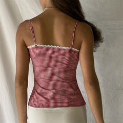 y2k Tops for Women Plaid Print Lace Trim Spaghetti Strap Sleeveless Single Breasted Camisole Sweet Coquette Clothing voguable