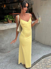 Spaghetti Strap Backless Sexy Maxi Dress For Women Gown Summer New Yellow Sleeveless Bodycon Long Dress Vestido voguable