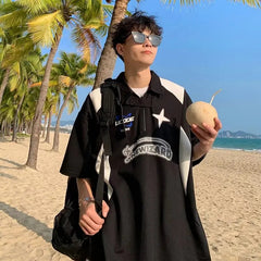 American Retro Short Sleeved Y2k Motorcycle Style Polo Collar Simple Versatile Loose Vintage Summer Couple T-shirt Casual Top voguable