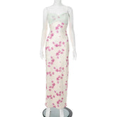 Lace Print Spaghetti Strap Sexy Maxi Dress Women Elegant Off-shoulder Sleeveless Backless High Waist Bodycon Dress voguable