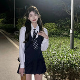 Voguable Casual Korean Style Two-piece Dress Women 2023 Autumn White Long Sleeve Shirt Elegant High Street Sleeveless Mini Strap Dress voguable