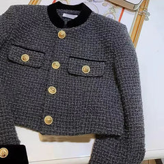 Fashion Stitching Tweed Short Jacket Women Autumn Winter Elegant Office Lady Coat Y2K Korean O Neck Single Breasted Crop Outwear voguable