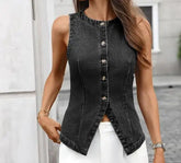 Voguable Autumn New Women's Fashion Casual Washed Round Neck Sleeveless Cowboy Vest Women's Wear voguable