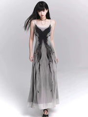 Retro Ink Butterfly Tie Dye Camis Dress Women Summer Slim Sleeveless Midi Dress Y2K Korean Sweet Mesh Spaghetti Straps Vestidos voguable