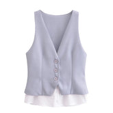 Women Patchwork Striped Temperament Vest Front Button V Neck Sleeveless Waistcoat Spring Summer Chic Tops voguable