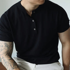 New Fashion American Style Men T-shirt Light Luxury Knitted Henry Collar Tees Casual Solid Color Short Sleeve Breathable Tops voguable