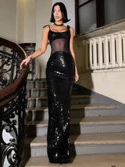 Sheer Mesh Spaghetti Strap Sexy Maxi Dress For Women Gown Glitter Sleeveless Backless High Waist Bodycon Club Dress voguable