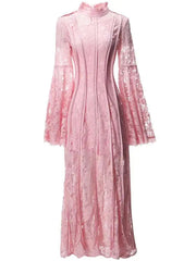 Solid High Quality Evening Dresses For Women Stand Collar High Waist Long Sleeve Thin Elegant Dress Female Clothing voguable