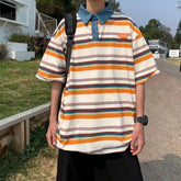 Voguable Japanese Harajuku Style Street Color-blocked Striped Short-sleeved Lapel Shirts Men Women Trendy Hip-hop Loose Casual T-shirts voguable