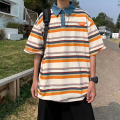 Voguable Japanese Harajuku Style Street Color-blocked Striped Short-sleeved Lapel Shirts Men Women Trendy Hip-hop Loose Casual T-shirts voguable