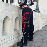 Cyber Punk Unisex Cargo Wide Leg Pants Chain Bandage Ruched Tie Capris Pants Women Gothic Baggy Trousers BF Hippie Grunge Jogger voguable