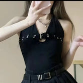 Voguable Summer Sexy Y2K Halter Neck Crop Top Women's Backless Cami Vest with Metal Buckle Clubwear Bustier Tops Sleeveless Tank Top voguable