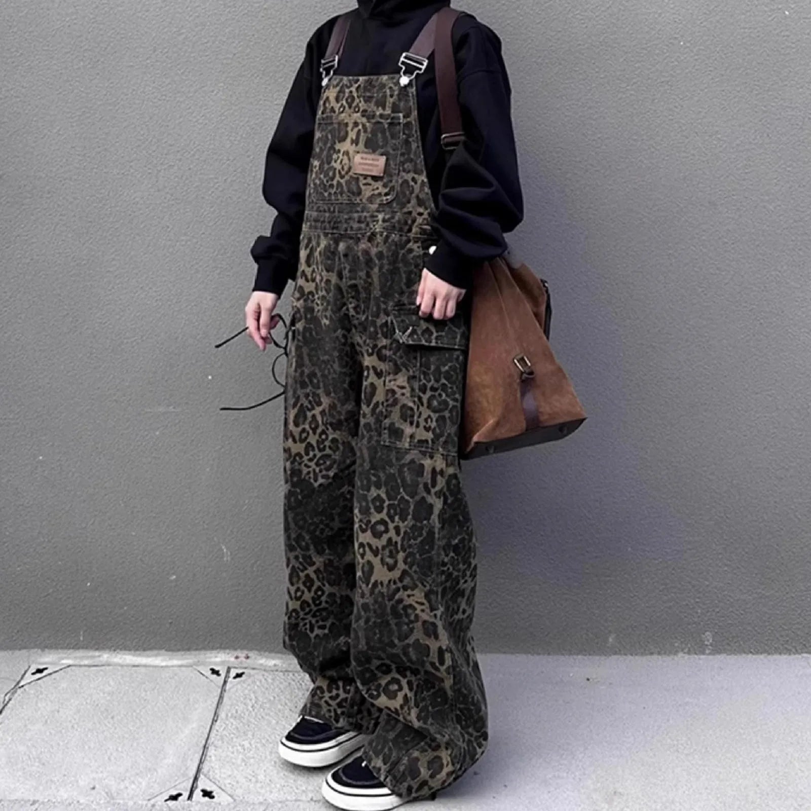 Women Leopard Jumpsuits Y2k Clothes Streetwear Wide Leg Baggy Jumpsuits Multi-Pocket Loose Cargo Overalls Rompers voguable