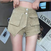 Voguable Hot Pants Women Patchwork Asymmetrical Button Ladies Trousers European Style Sexy Chic Club High Waist Autumn Fashion Streetwear voguable