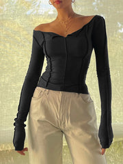 Women Autumn T-shirt Long Sleeve Boat Neck Spliced Slim Fit Shirts Solid Color Korean Fashion Kawaii Y2K Crop Tops Streetwear