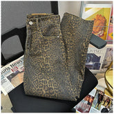 Retro American Leopard Print Jeans for Men High Street Gothic Hiphop Trendy Straight Couple Design Wide Leg Long Pants Y2k fash voguable