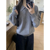 Voguable Retro Korean Polo Collar Sweater Women Autumn Winter Loose Sweater Top Pullover Sweater voguable