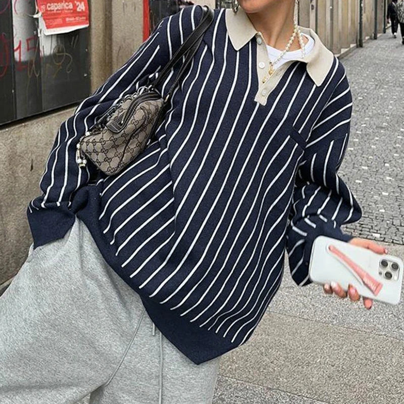 Preppy Style Loose Sweatshirt Y2k Streetwear Patchwork Full Sleeve Turn-down Neck Hoodies Women Casual Vintage Pullovers voguable