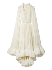 Elegant Big Swing Irregular Ruffles Party Maxi Dresses For Women Cloak Sleeves Spliced Lace Up Pleated Dress 2025 New voguable