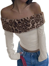 Voguable Sexy Slash-Neck Leopard Faux Fur Collar T-Shirts for Women Autumn Fashion Off Shoulder Long Sleeve Furry Y2K Tees Female voguable