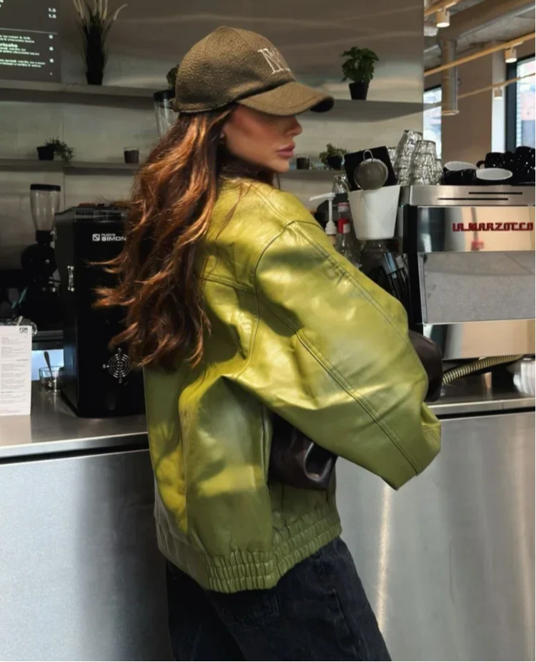 Fashion Green Leather Sleeve Loose Jacket Women Chic Laple Zipper Cropped Short Coats 2024 New Lady Casual High Street Outerwear voguable