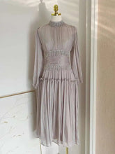 French Niche Design Diamond Spliced Pleats Bright Silk High Waist Dresses For Women Long Sleeve Maxi Dress New voguable