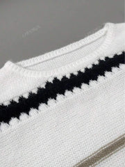 Casual contrasting striped round neck long sleeved women's knitted sweater voguable