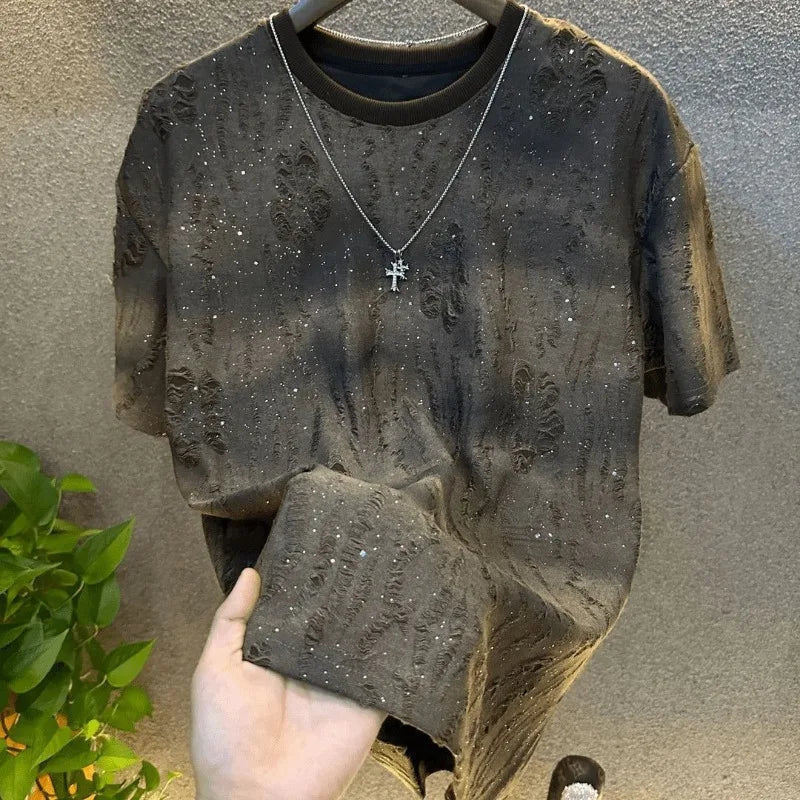 Men's New Vintage Tie-Dye Short Sleeve Black Wash With Old Ripped sequins Loose TShirts Casual Streetwear Hip Hop Tee Shirt voguable