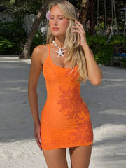 Sexy Flower Rhinestones Dress Women Low-Neck Cross Bandage Backless Fashion Vacation Thin Beach Party Style Mini Bodycon voguable