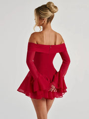 Strapless Long Flare Sleeve Sexy Mini Dress For Women Robe Off-shoulder Backless High Waist A-line Club Party Dress voguable