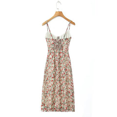 Sexy Elegant Women O Neck Thin Straps Floral Print Dress Vintage High Waist A-line Midi Holiday Summer Dresses Party Robe voguable