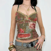 Voguable Vintage Flower Print Cami Women Fairycore Grunge Lace Patchwork Tie-up Bow Spaghetti Straps Crop Tops Sexy Streetwear voguable