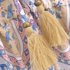 Voguable Paisley Flower Print Short Dress Hippie Women Tassel Lacing Up Bow Adjustable Waist V Collar Full Sleeve Loose Robe Holiday voguable