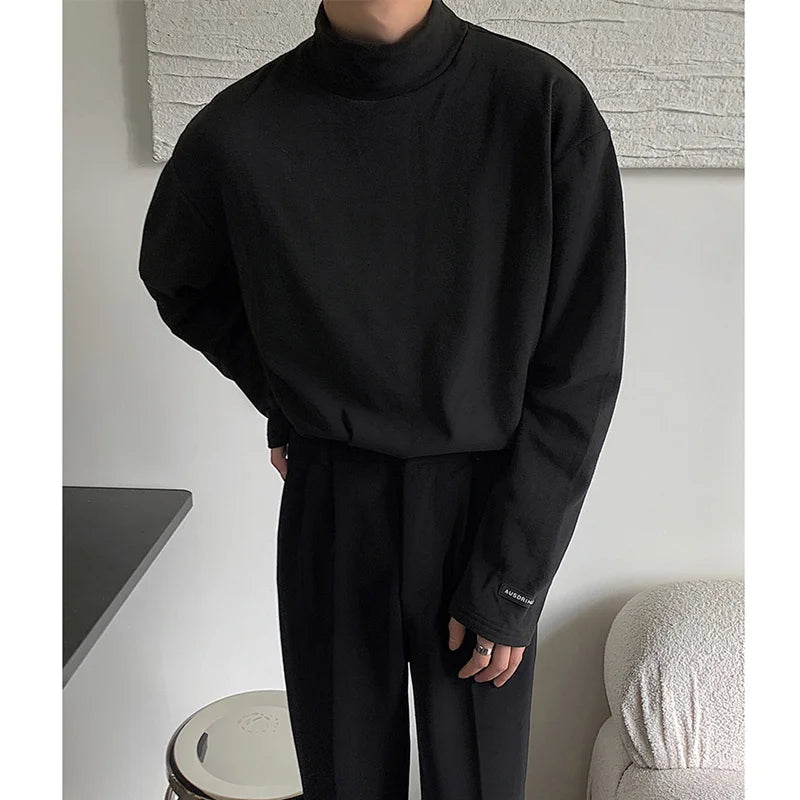 Winter High Neck T Shirt Men Oversized Black White Casual Plush Tshirt Men Streetwear Korean Loose Long Sleeve T-shirt Mens Top voguable