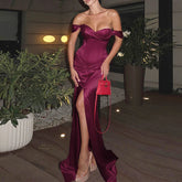 Voguable Fashion Color Blocked Slim Banquet Dress Temperament Luxury Satin Split Prom Gown Autumn New One-shoulder Tube Top Evening Dress voguable