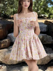 Women's Elegant Dresses French Print Summer New 2025 Casual Slim Waist A-Line Square-Collar Pleated Spaghetti Strap Vestidos voguable