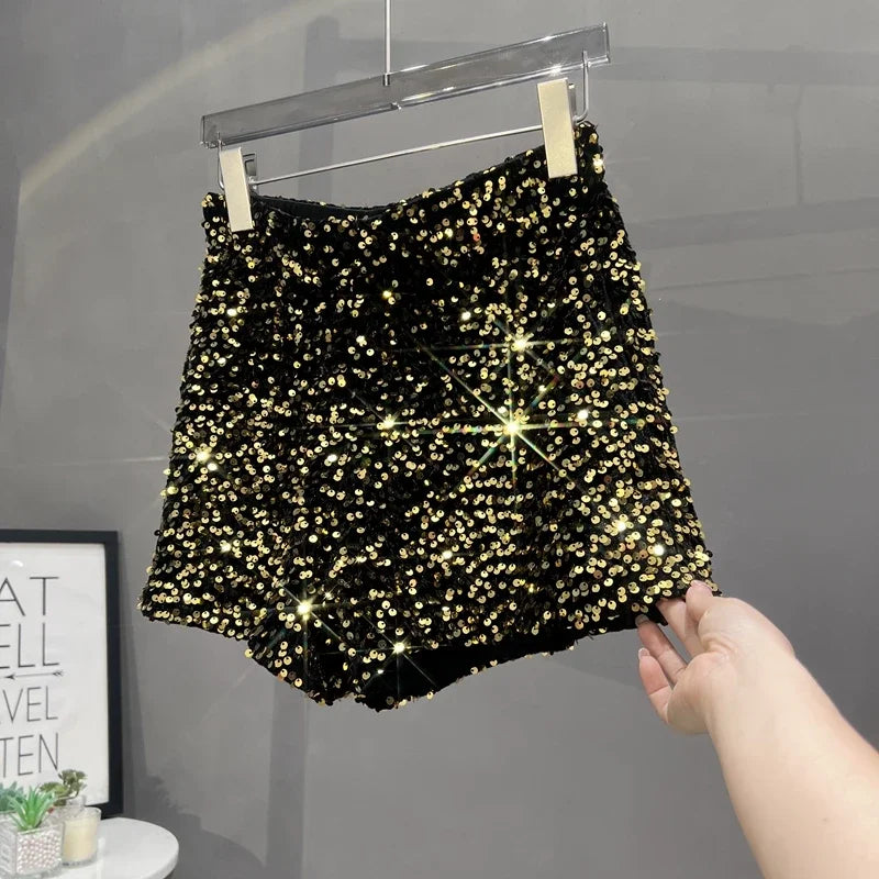 Voguable Europe and America Sequined Black Shorts Slim Suede Embroidered Beads Grey Casual Pants Women's Hot Pants voguable
