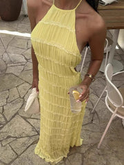 Halter Backless Sexy Maxi Dress For Women Spring Summer New Lace-up Sleeveless Pleated Beach Holiday Long Dress Elegant voguable