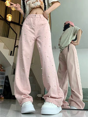 Sweet Pearl Pink Jeans Women High Waist Loose Vintage Design Denim Pants Casual Preppy Style Retro Cute Elegant Trousers voguable