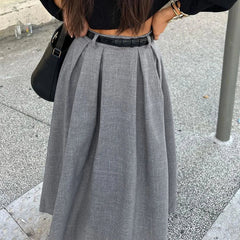 Retro Chic High Waist Gray Elegant Women Skirt Solid Color Zipper Pleat Long Skirt Fashion Office Lady Woman Clothing 2025 New voguable