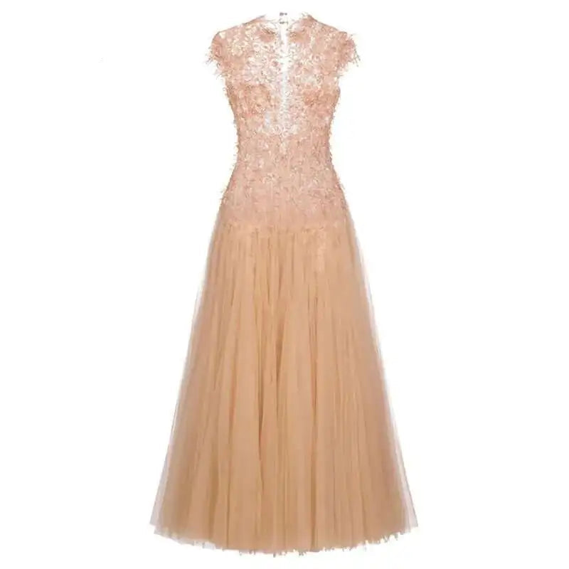 New High Neck Women Dress Sleeveless Exquisite 3D Floral Embellishments Flowing Tulle Long Dresses Female voguable