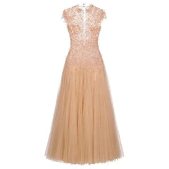 New High Neck Women Dress Sleeveless Exquisite 3D Floral Embellishments Flowing Tulle Long Dresses Female voguable