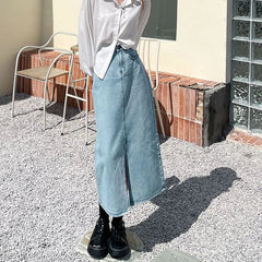 Vintage High Waist Women Denim Midi Skirt Summer Korean Thin Section Slit A Line Skirts Fashion Casual All Match Denim Skirts voguable