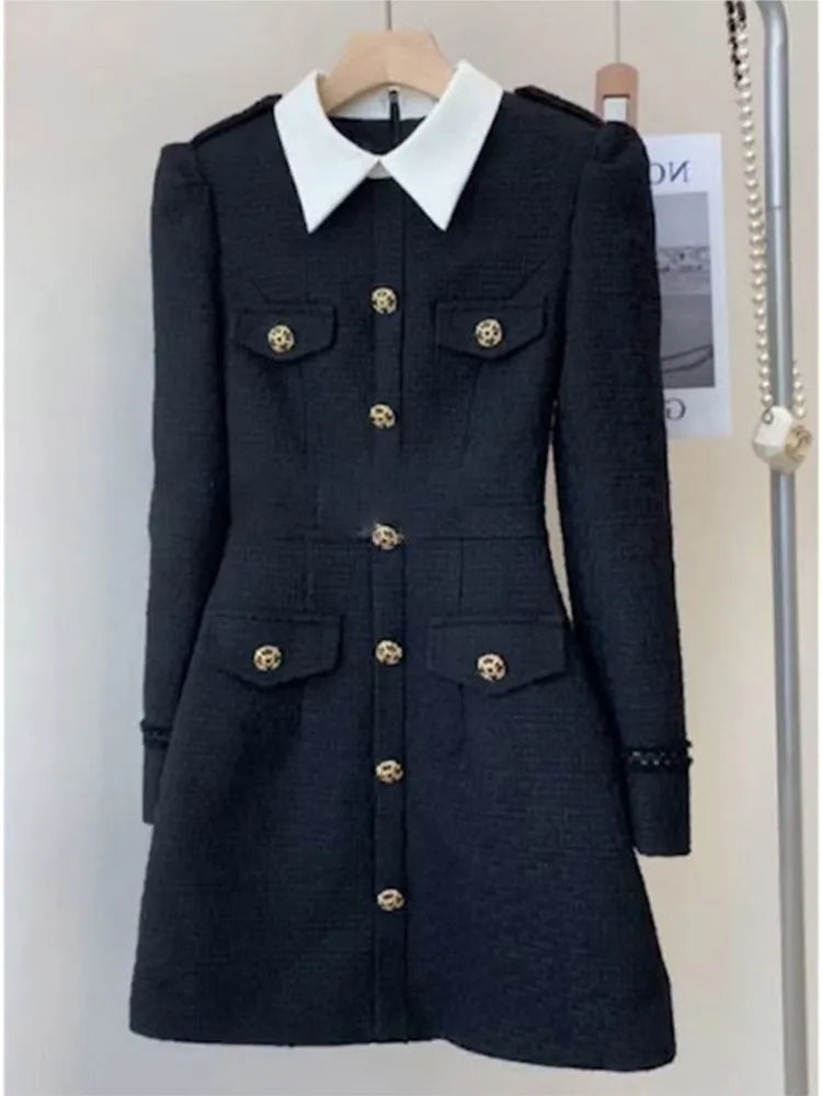 Lady Elegant Tweed Short Dress For Women Turn Down Collar Metal Buttons Autumn Dress Slim High Waist Black Fashion Dress voguable