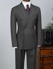 Voguable Gray Striped Men's Suit 2 Piece Set Man double-breasted Slim Fit Business Formal suit Casual Suit Jacket Pant Groom's suit dress voguable